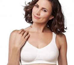 Woman wearing a soft mastectomy white bra.